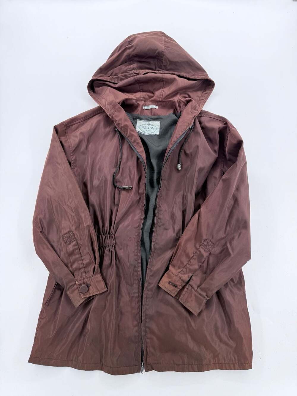 Vintage 90s Prada Milano Nylon Hooded Parka Coat Made Italy Dark Brown M